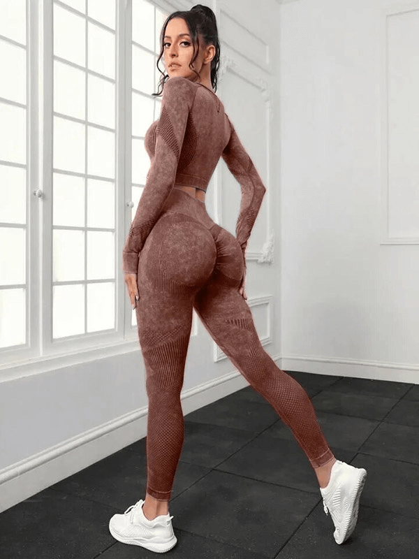 Woman in seamless high waist pants and long sleeved top SF1692, perfect for yoga with anti-wrinkle, quick dry, eco-friendly features.